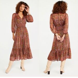 Ann Taylor Shimmer Metallic Paisley Dress Smocked Waist Tier Bohemian Size 10